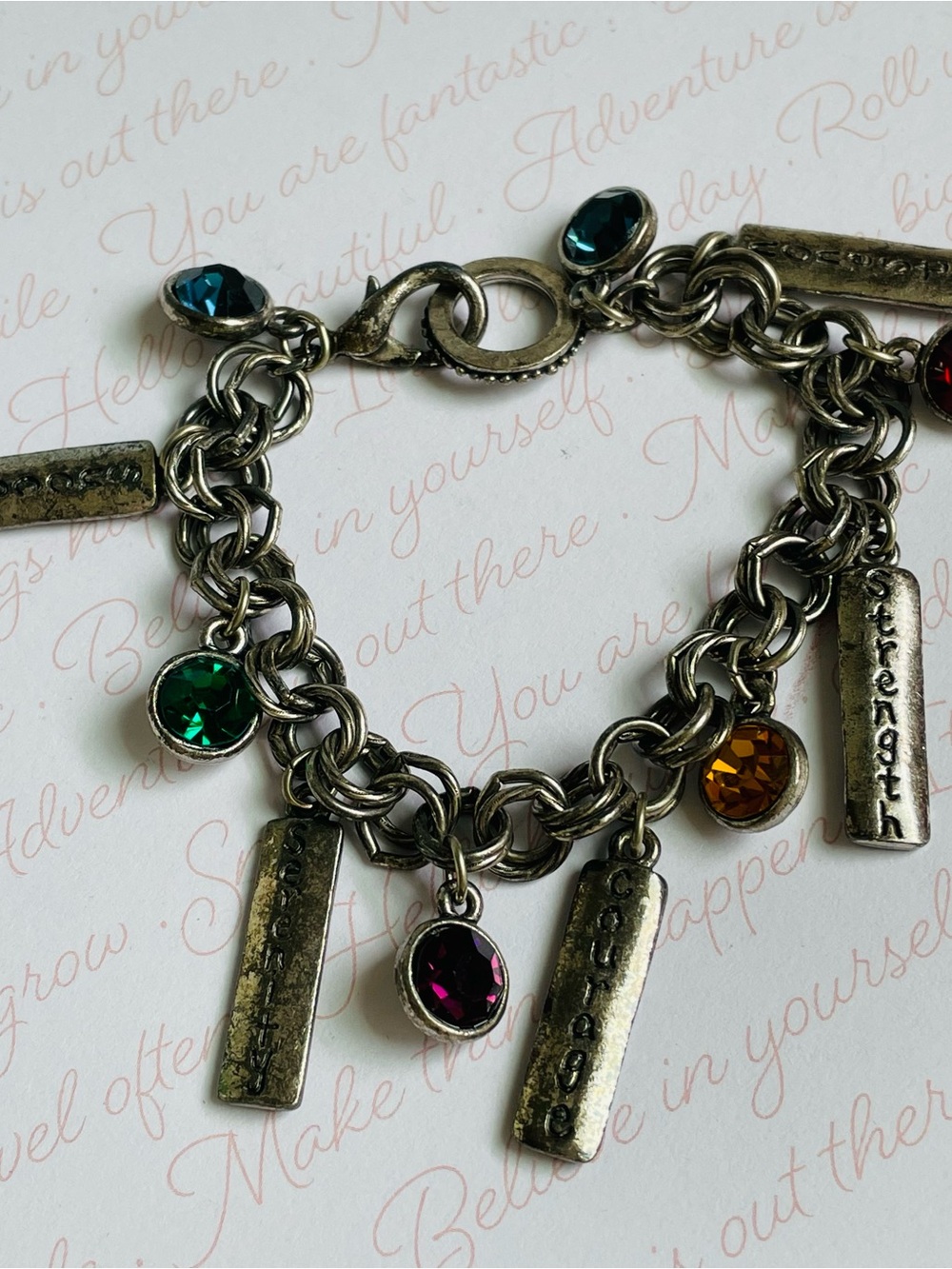 Vintage Inspirational Charm Bracelet with Multicolor Gemstones Sz 6.5